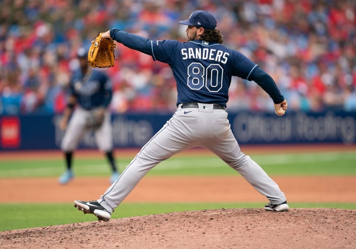 Tampa Bay Rays relief pitcher Phoenix Sanders throws a pitch against the Toronto Blue Jays. (2022)